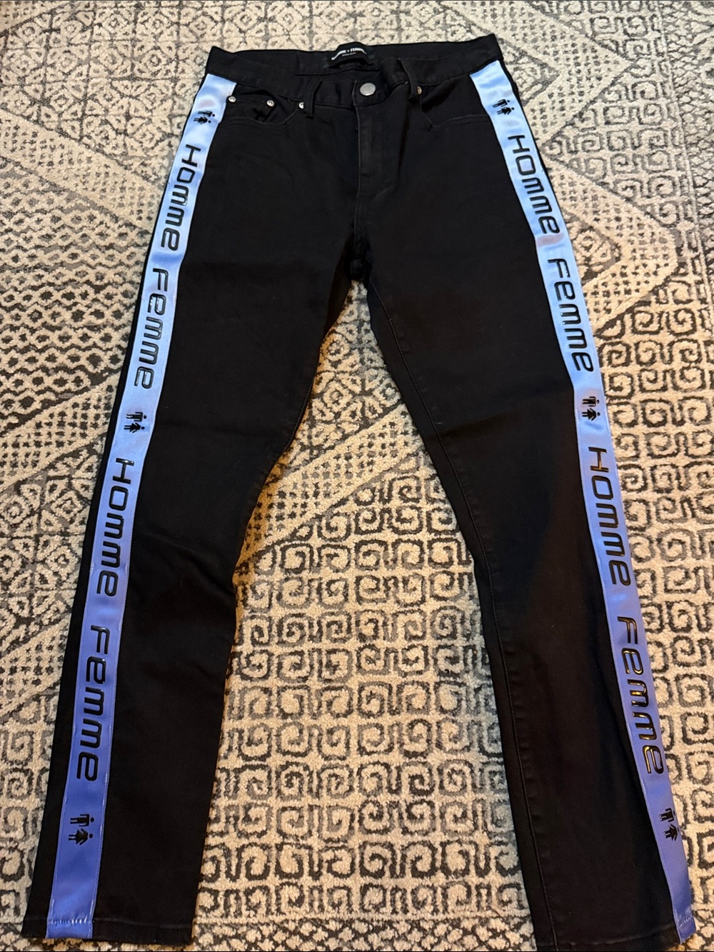 Slim Black Men's Jeans with Blue Side Tape - Homme Femme Branding